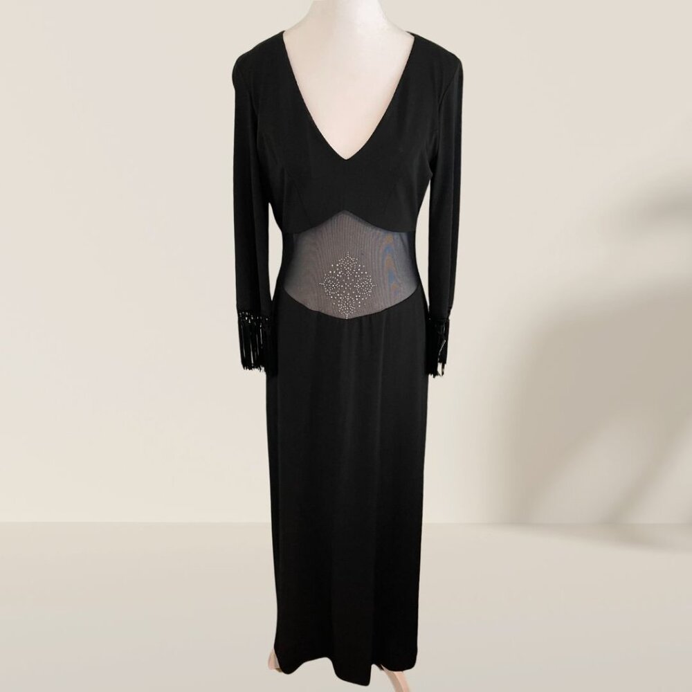 Vintage CDC Elegant Black Evening Gown with Sheer Mesh Panel & Fringe Sleeve